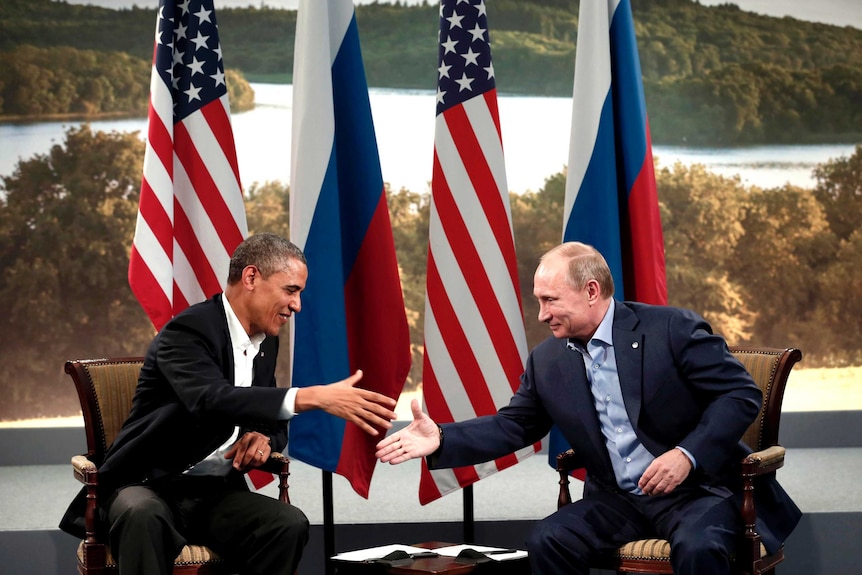 Barack Obama and Vladimir Putin meeting at the G8.