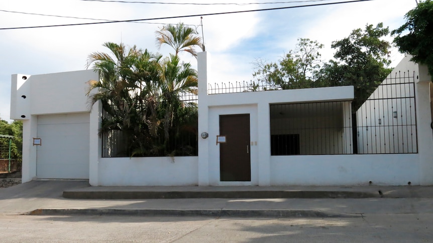 Photo of a white house with palm trees visible from the front garden. 