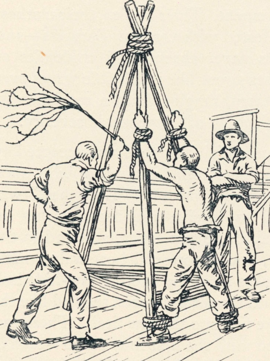 a man tied to a structure is whiped with a whip that has multiple tails. A sketch