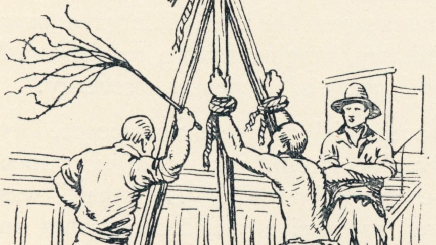 a man tied to a structure is whiped with a whip that has multiple tails. A sketch
