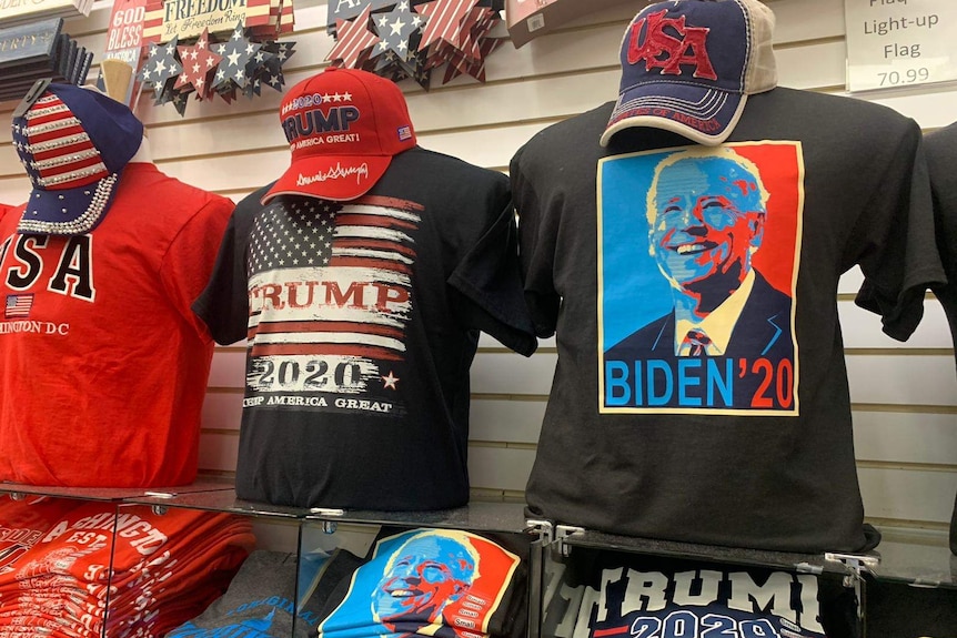 Donald Trump and Joe Biden t-shirts.