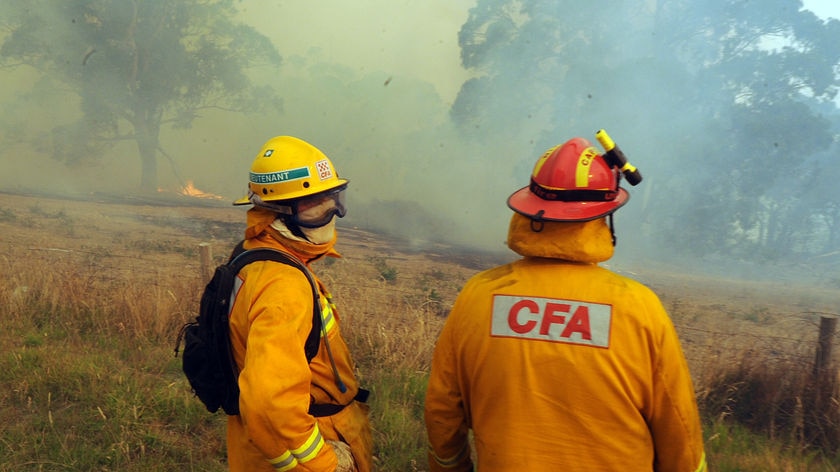 Two fire fighters are dressed in orange CFA gear and watch a fire nearby.