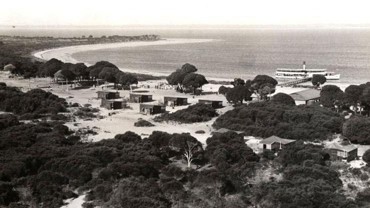 Shacks and a ferry at Careening-Bay, Garden Island, 1936