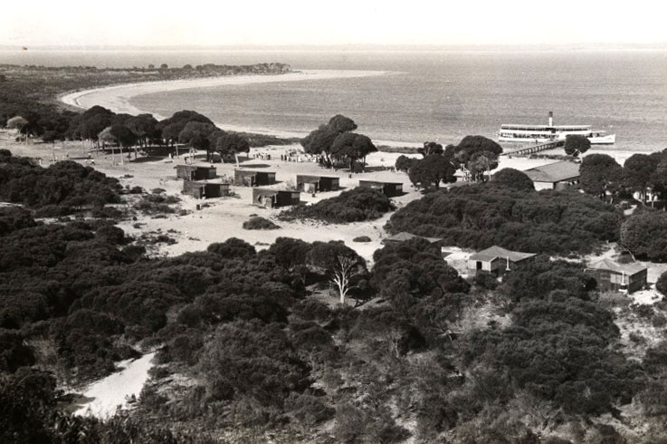 Shacks and a ferry at Careening-Bay, Garden Island, 1936