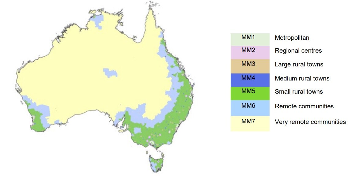 A diagram map where remote parts of Australia are coded in pale yellow, while rural towns are in green.