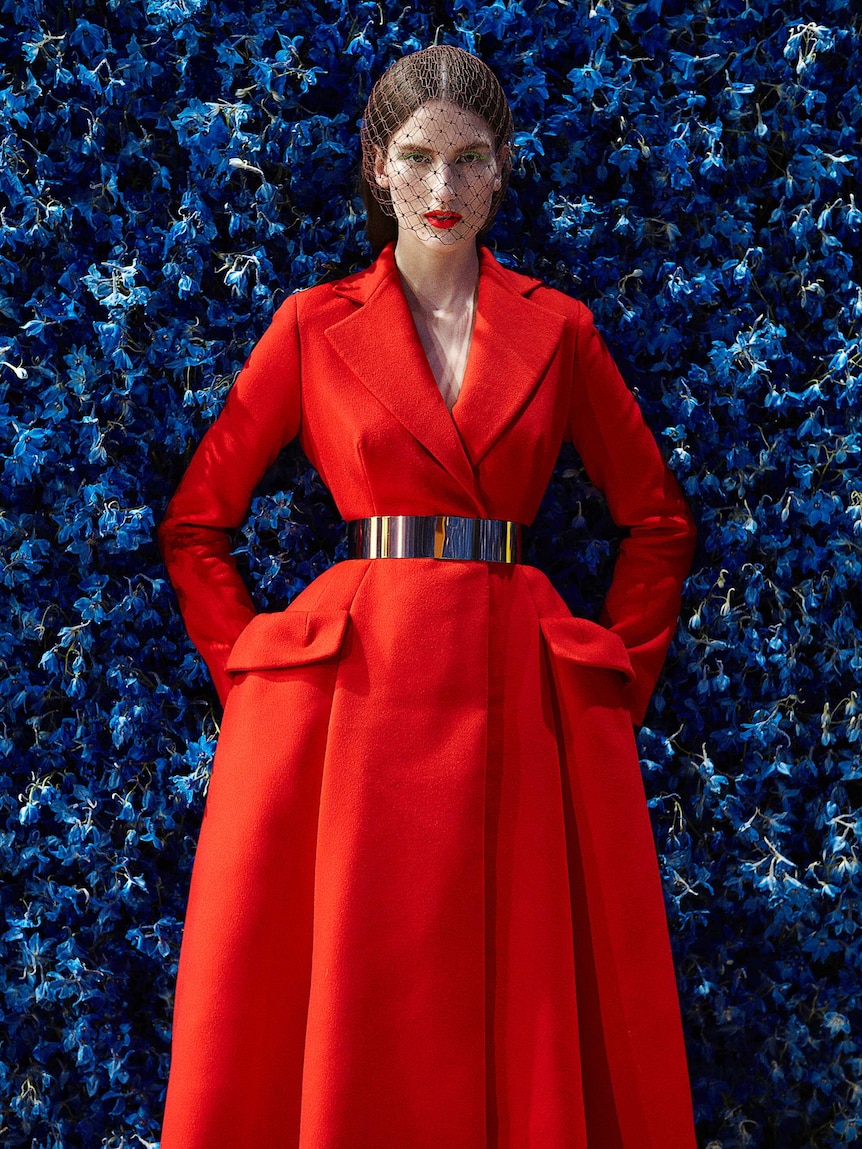 Red Christian Dior Look 10, bar coat.
