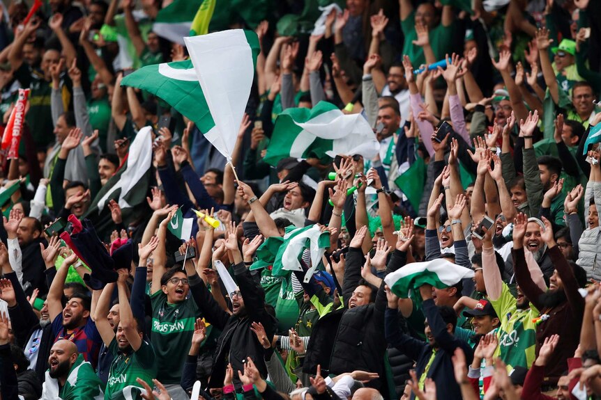 Pakistan cricket fans all throw their arms in the air in celebration.