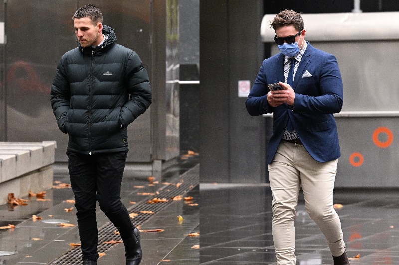 A composite image of two men walking on a rainy day