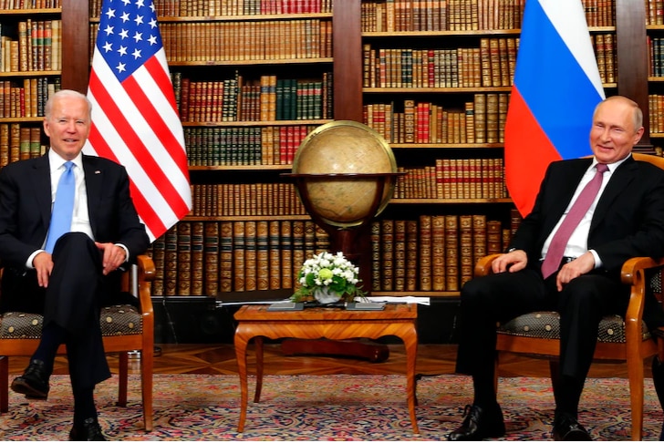 Biden and Putin sit face to face.