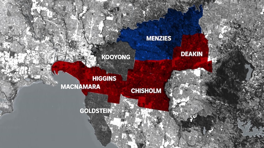 A map of Victoria, divided into electorates, shaded to represent Labor, Liberal, Green or independent wins.