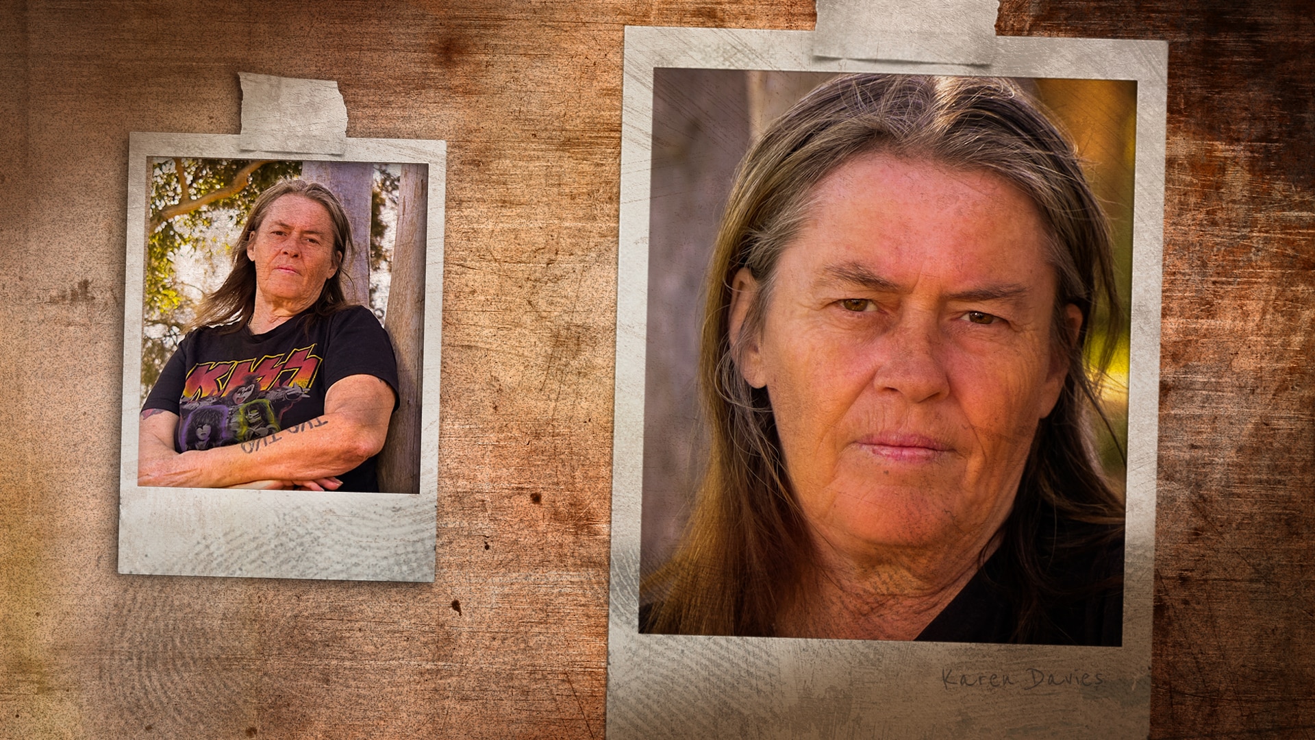 Two polaroid photos of the same woman with grey hair in a black T-shirt.