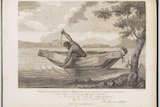 A sketch of a man sailing on a canoe
