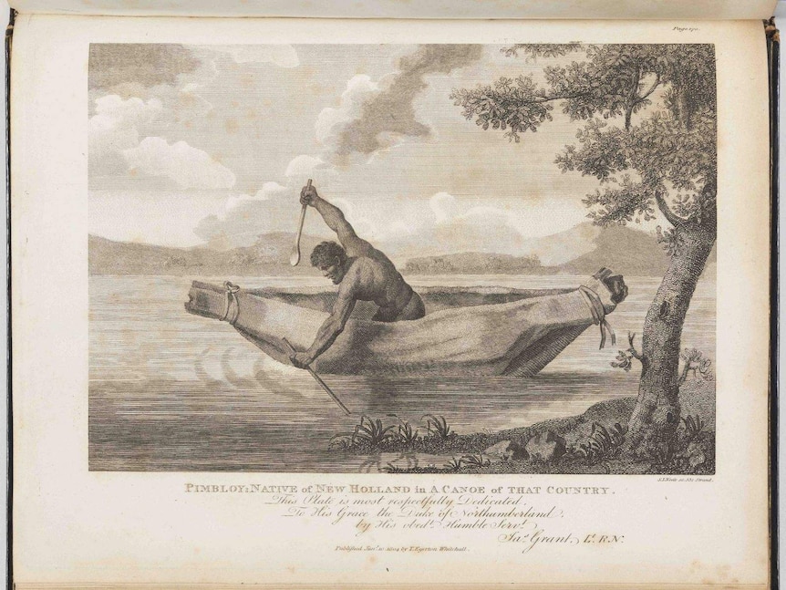 A sketch of a man sailing on a canoe