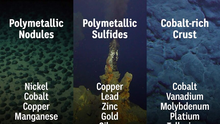A composite image of three images of the different types of mineral-rich deposits found on the ocean floor.