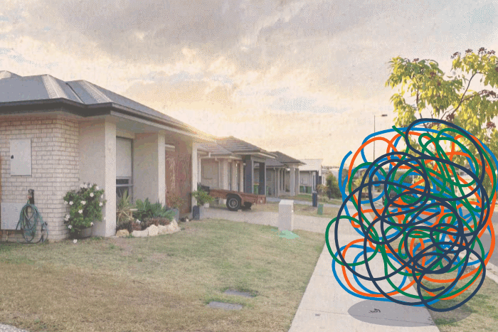 An animation shows a tangled string bouncing in front of a suburban street.