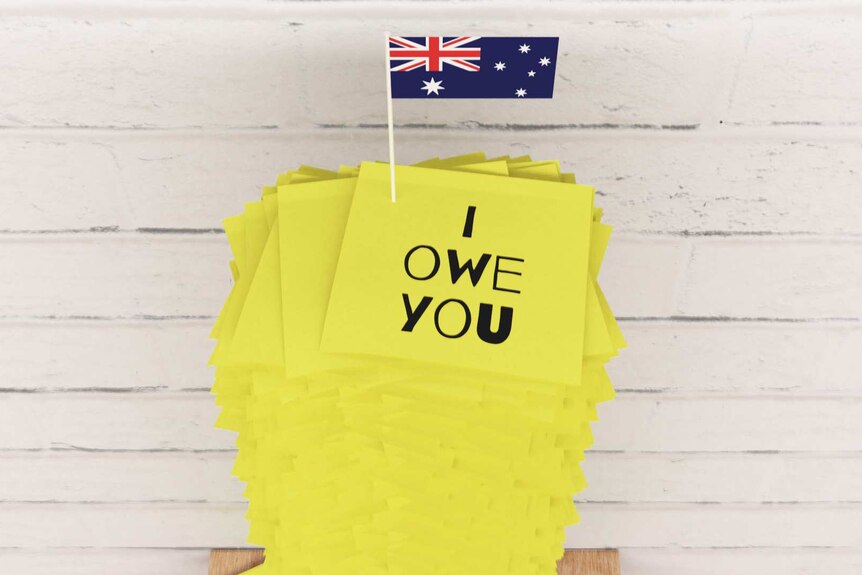An image showing a stack of IOU post-it notes and an Australian flag