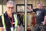Andy Steele and Damien Saal pose outside a green shipping container that's been converted in a workshop.