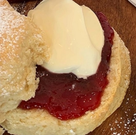 A scone with jam and cream sprinkled with icing sugar