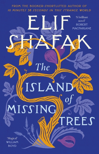 The book cover of The Island of Missing Trees by Elif Shafak, purple background with gold tree