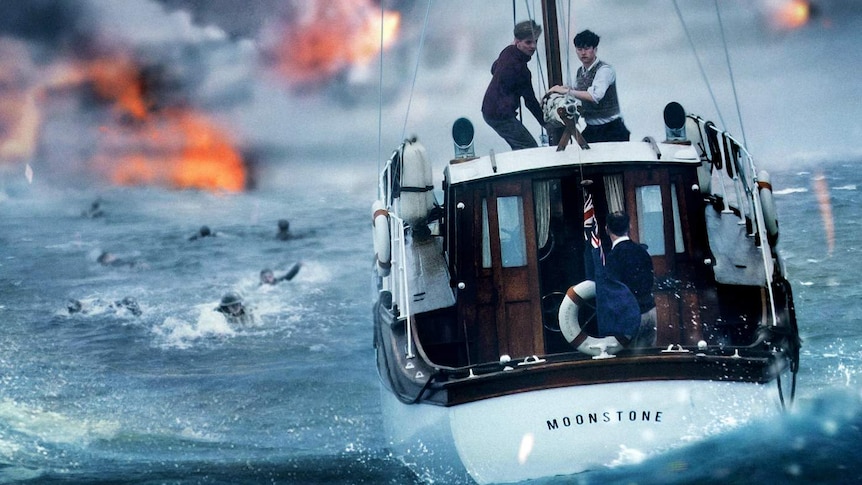 A movie still from the movie Dunkirk, with men on a boat in the ocean on the right, with people swimming towards it.