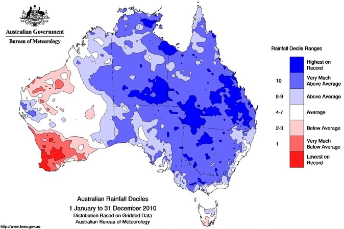 Map of rainfall in 2010 illustrating the rain that fell across Australia during one of the strongest La Nina events on record.