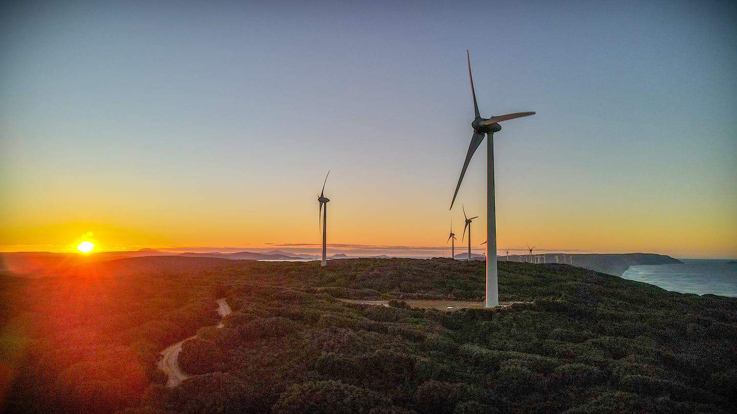 A pic of a coastal wind farm with a sun setting in the background