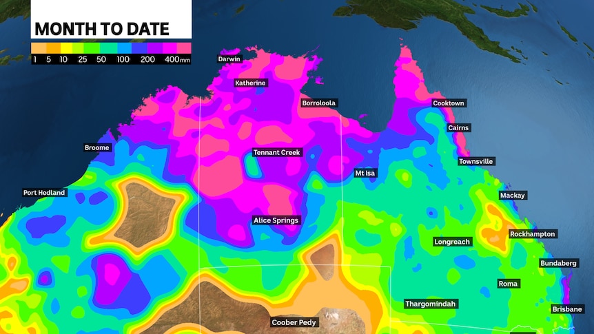 Weather map showing rainfall in central Australia.
