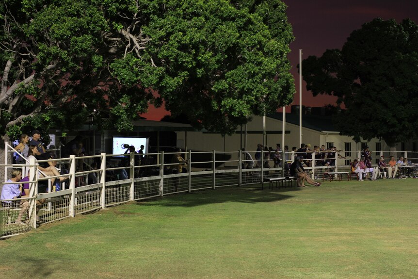 A crowd sits in grandstands and underneath a tree on the edge of the field at night.
