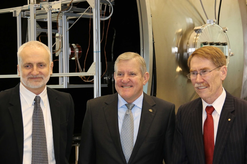 Prof. Matthew Colless, Industry Minister Ian Macfarlane, and ANU Vice-Chancellor Prof. Ian Young.