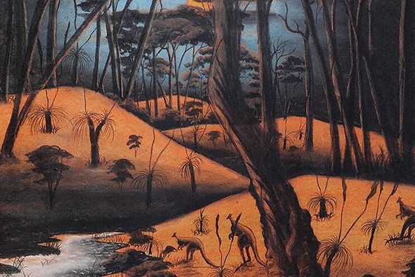 A painting of brown hills with few trees, kangaroos near a waterhole, blue sky in the distance.
