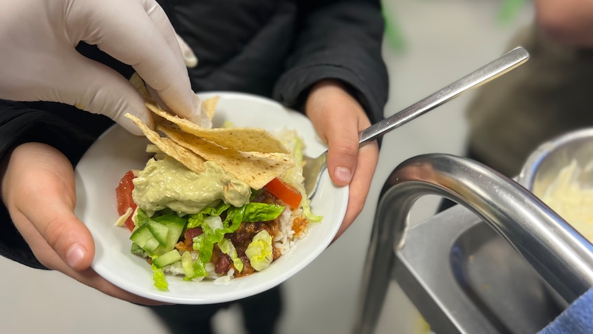 a closeup of a gloved hand placing taco chips on top of a bowl of beans, salad and guacamole.