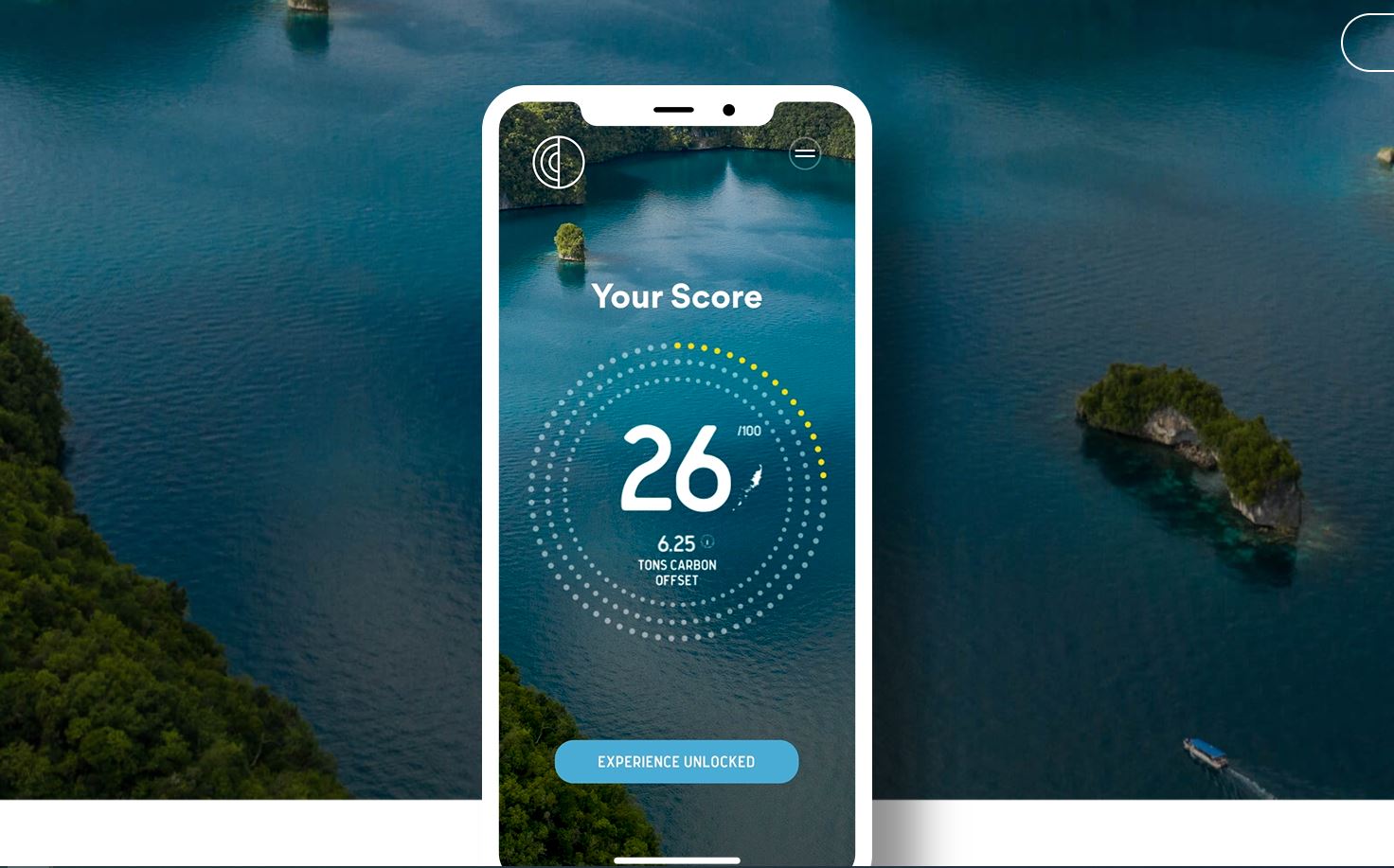 Phone screen reads Your Score, with an ocean view on it. 
