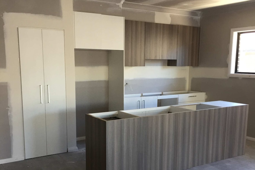 A progress shot of a new kitchen being built in a house in south west Sydney in a new development.