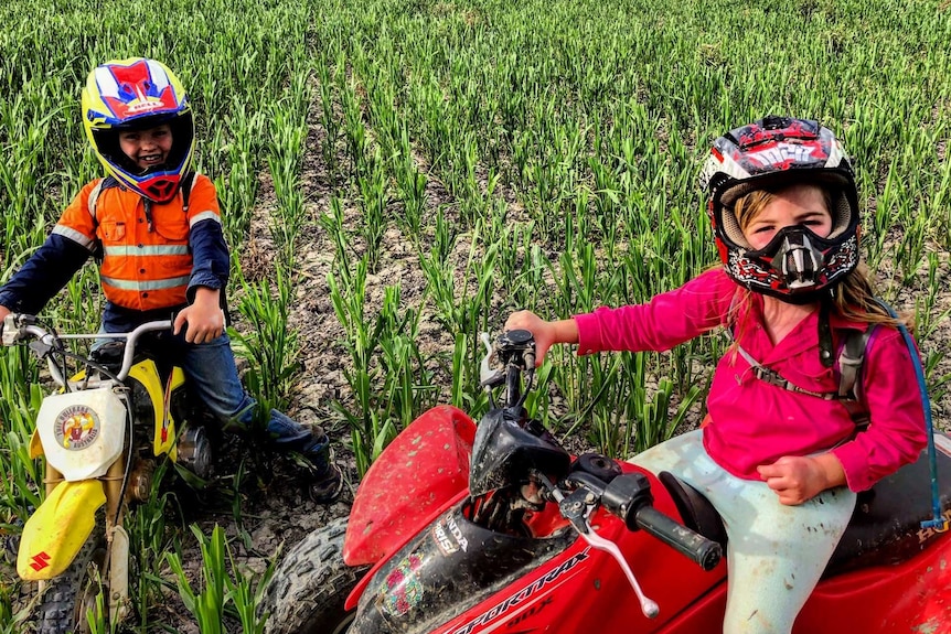 Isabelle and Will Sandow on bikes in sorghum grass at the family property.