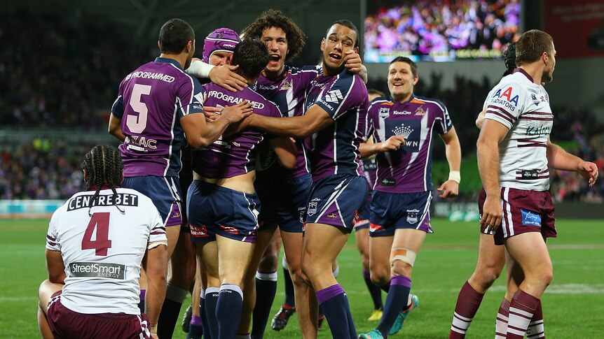Clinical display ... The Storm celebrate a try against the Sea Eagles