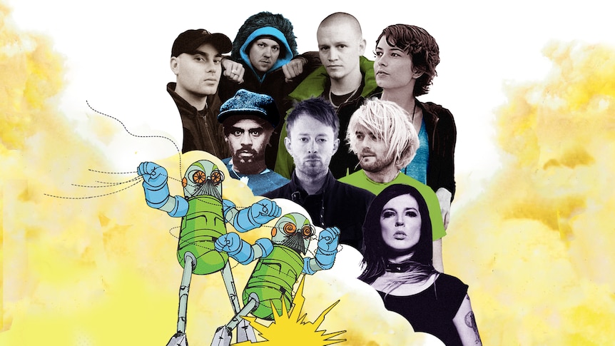 Stylised collage of acts from the Hottest 100 of 2003 including Missy Higgins, Hilltop Hoods, Michael Franti and Radiohead