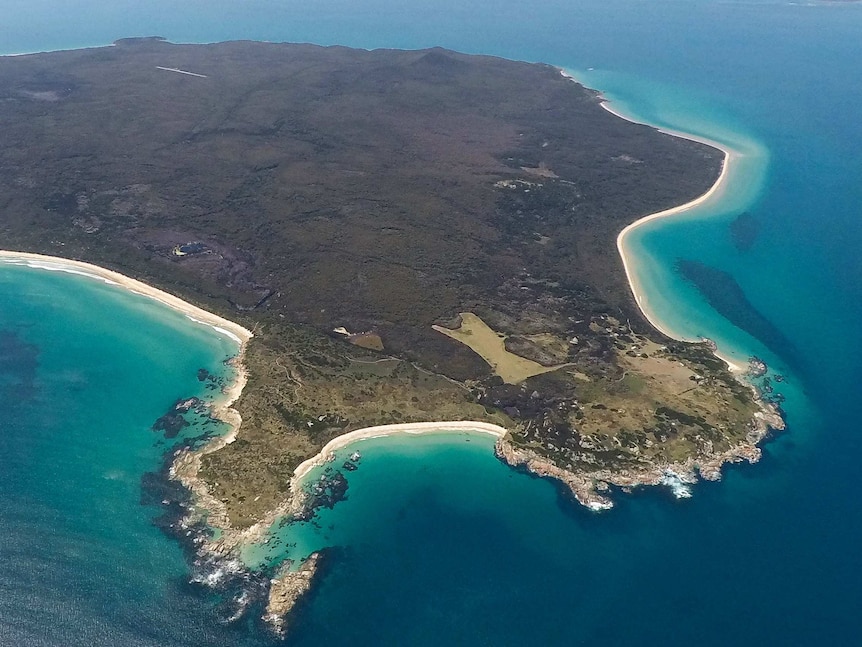 An aerial view of Three Hummock Island.