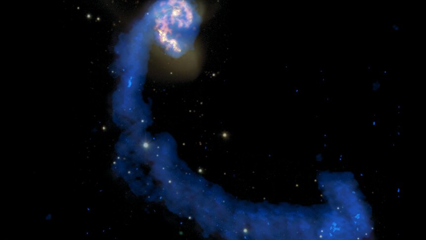 A multiwavelength image of a colliding pair of spiral galaxies called the Antennae displays a history of star making.