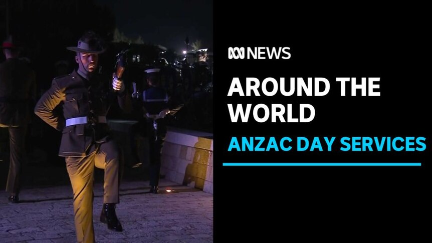 Around the World, ANZAC Day Services: A serviceman marches at a dawn ceremony.