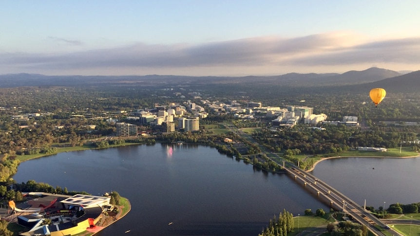 View from a hot air balloon above Lake Burley Griffin and the National Museum of Australia in the bottom right hand corner