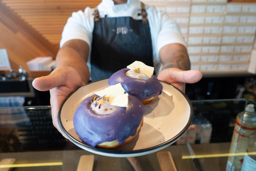 A close up of a person holding a plate with two donuts with purple glaze on them.