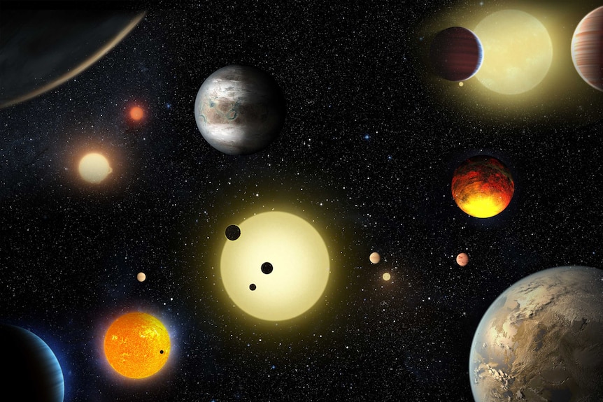 An artist's concept of planetary discoveries by the Kepler space telescope.