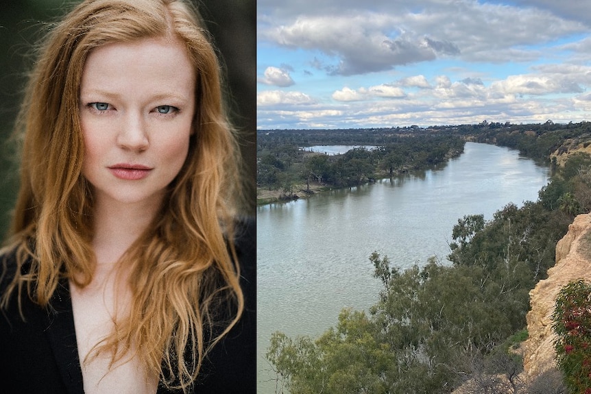 A split image of actress Sarah Snook with fair skin and blond hair, and a view of the tree-lined Murray River from a cliff.