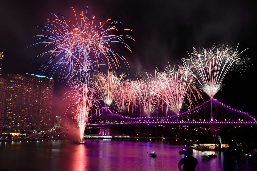 Fireworks are seen over the Story Bridge and the Brisbane skyline during annual Riverfire fireworks