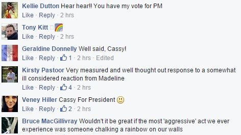 Comments on Cassy O'Connor's post were overwhelmingly positive.