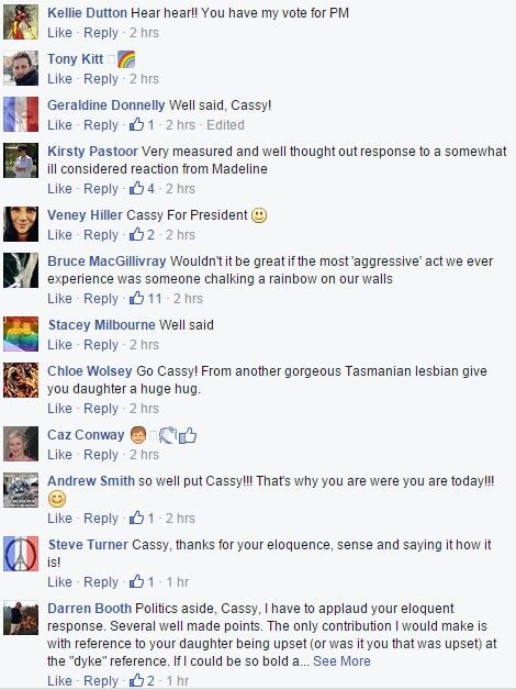 Comments on Cassy O'Connor's post were overwhelmingly positive.