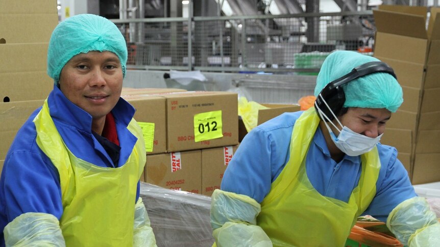 Two workers at a chicken factory. They are wearing aprons, gloves and hair nets.