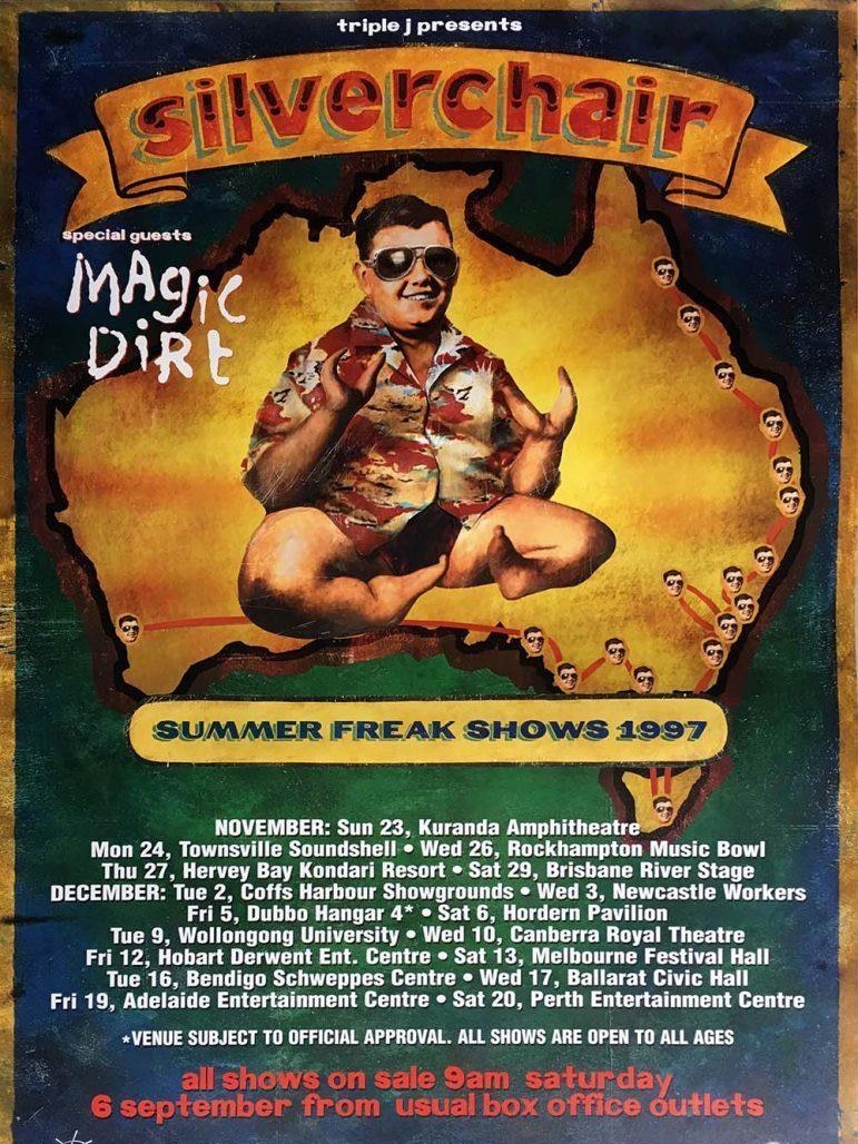 A poster with a map of Australia and a boy sitting in the centre.  The map shows locations of the Silverchair 1997 tour