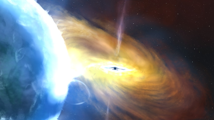 An artist depiction of a yellow black hole with a streak of light through the middle and a blue orb in front. 