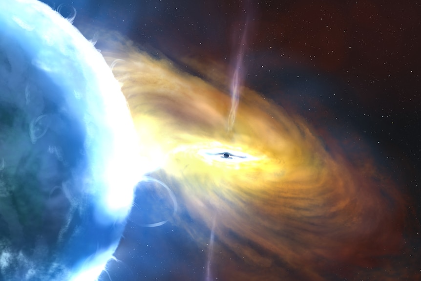 An artist depiction of a yellow black hole with a streak of light through the middle and a blue orb in front. 